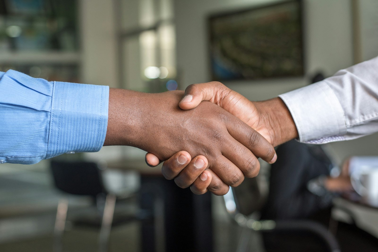 Two professionals shaking hands in an Auckland office, representing trust in professional services website design