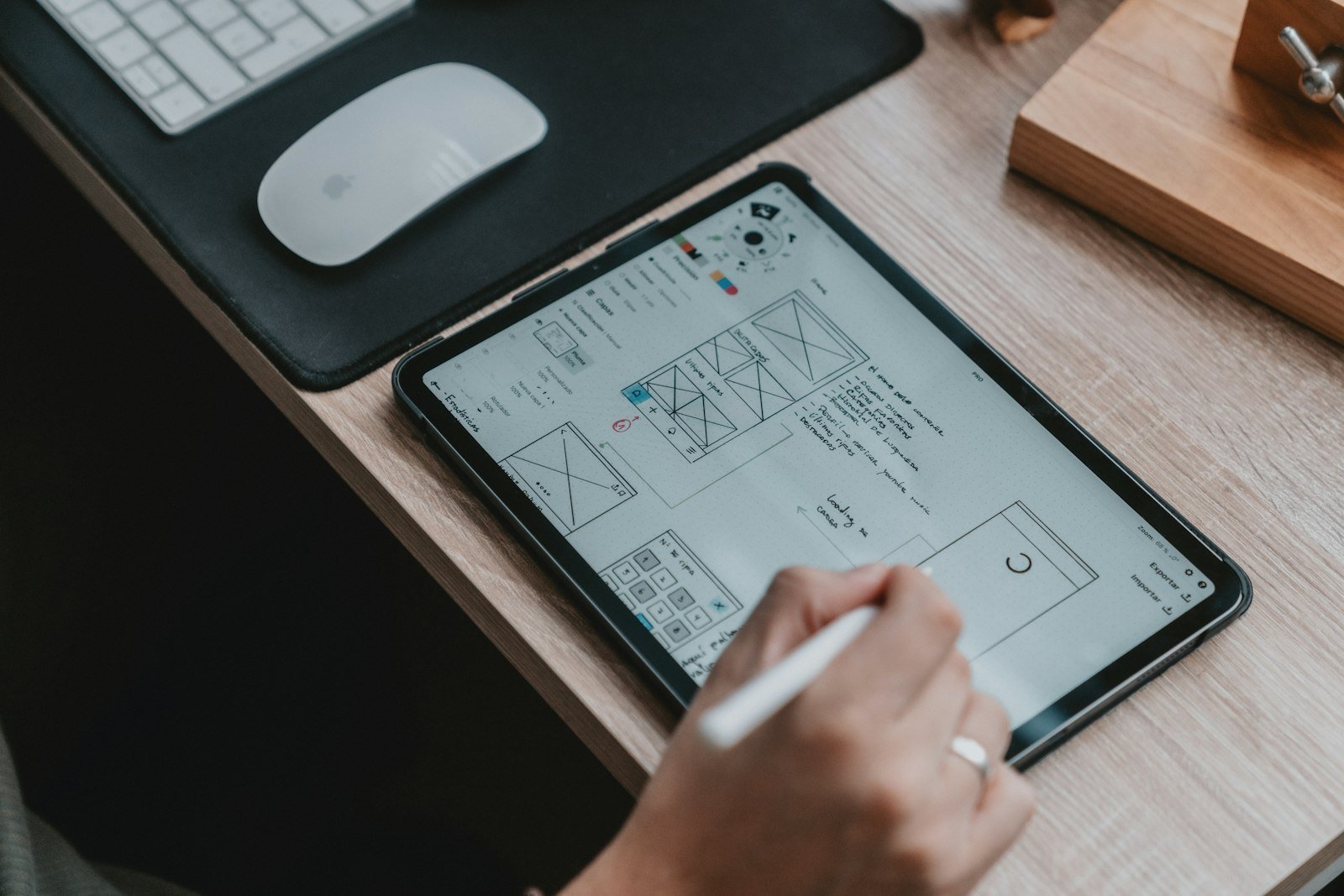 Designer sketching a small business homepage wireframe on a tablet