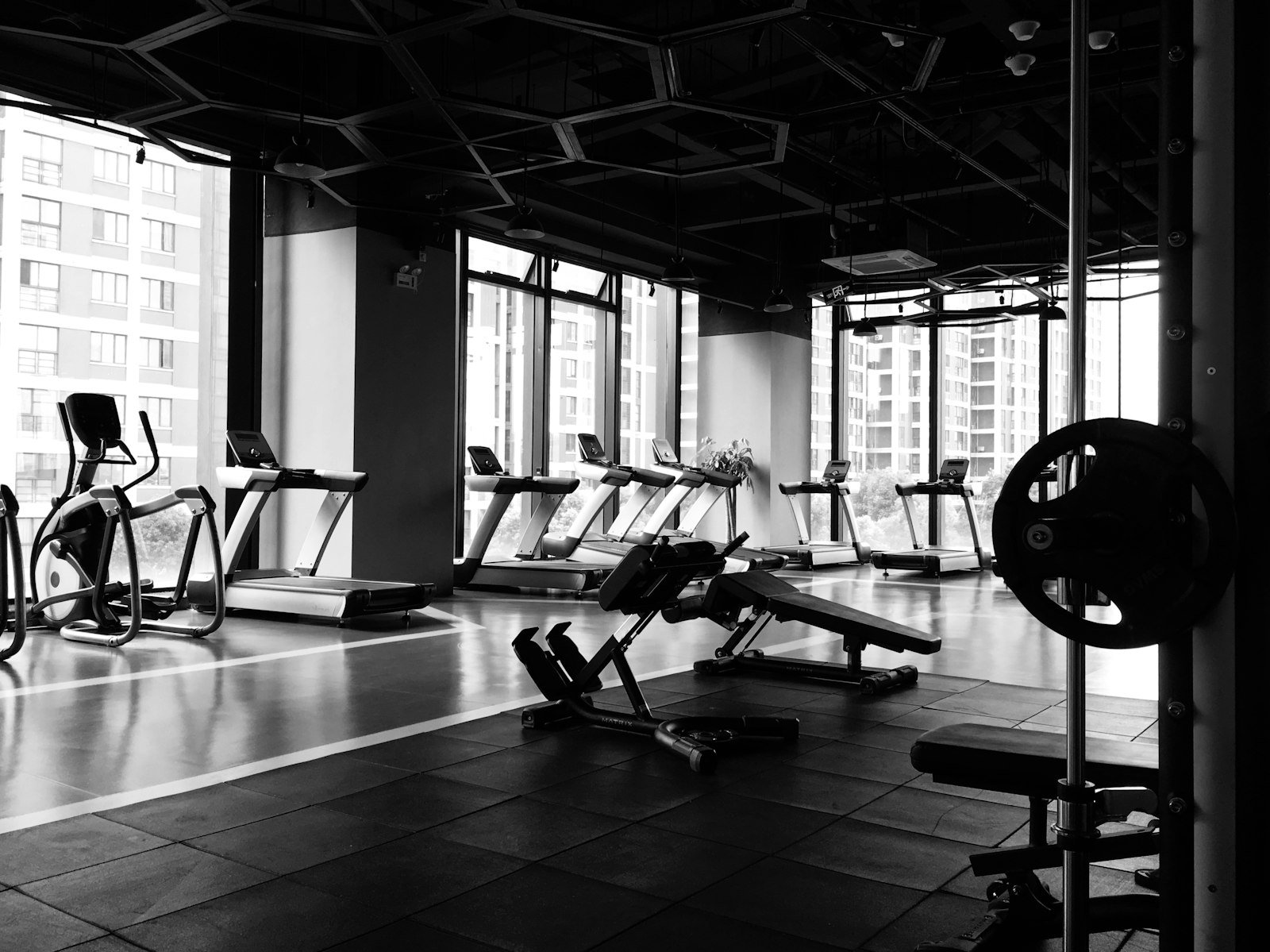 Modern gym floor with treadmills and weight equipment, representing the kind of fitness studio that needs a website built for bookings and trial sign-ups