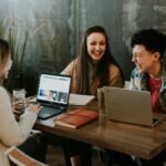 Small business team planning website content together on laptops at a table